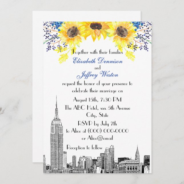 NYC Skyline ESB Etch Sunflower #2 Floral Wedding Invitation (Front/Back)