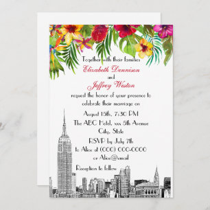 NYC Skyline ESB Etch Tropical Floral Wedding Invitation