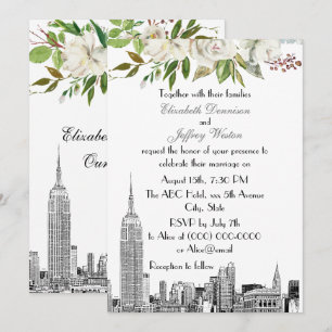 NYC Skyline ESB White Floral Watercolor Wedding Invitation
