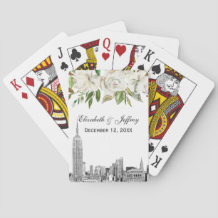 NYC Skyline ESB White Floral Watercolor Wedding Playing Cards