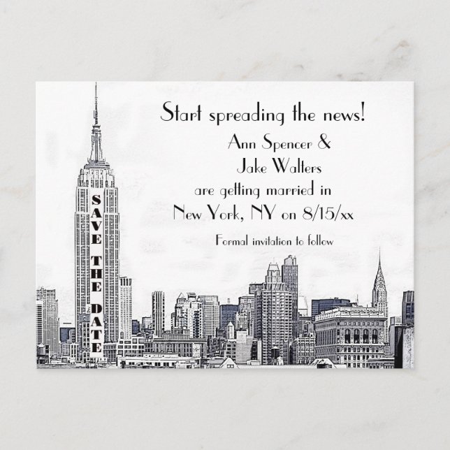 NYC Skyline Etched 01 Save the Date Announcement Postcard (Front)
