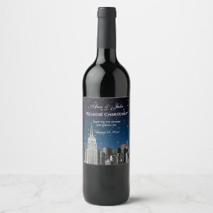 NYC Skyline Etched #2 Starry Blue Gradient BG Wine Label