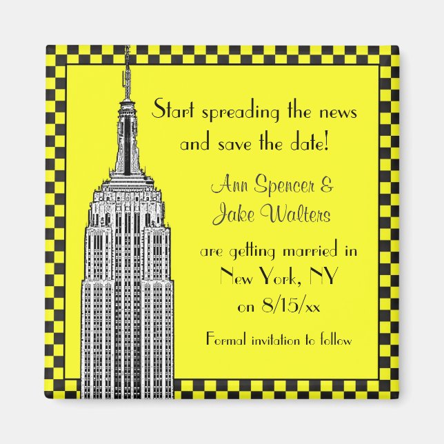 NYC Skyline Etched ESB Checkerd Taxi Save the Date Magnet (Front)
