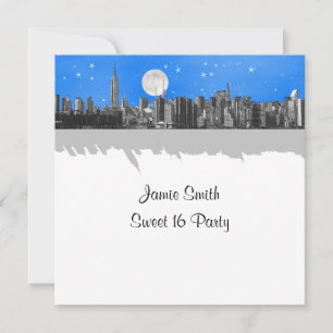 NYC Skyline Etched Look Moon Lt Blue 2 Sweet 16 SQ Invitation