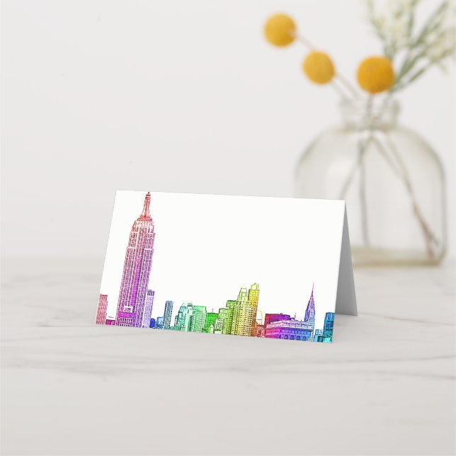 NYC Skyline Etched Look Rainbow Escort Cards (Front)