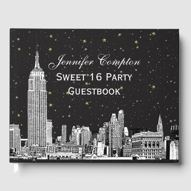 NYC Skyline Etched Starry DIY BG Colour SQ Sweet 1 Guest Book (Front)