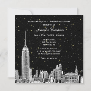 NYC Skyline Etched Starry DIY BG Colour SQ Sweet 1 Invitation