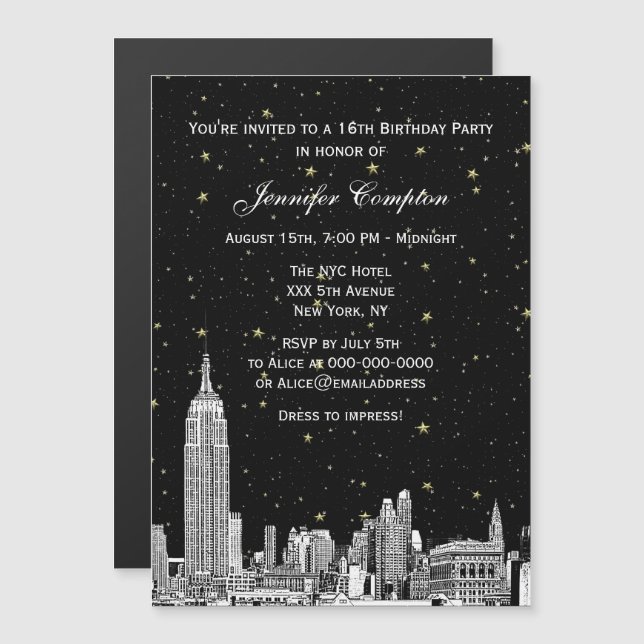 NYC Skyline Etched Starry DIY BG Colour SQ Sweet 1 Magnetic Invitation (Front/Back)