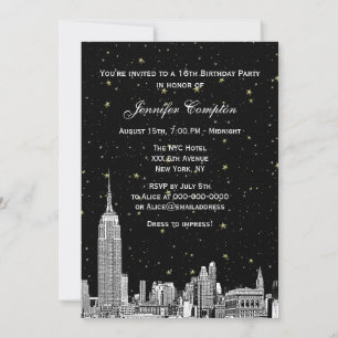 NYC Skyline Etched Starry DIY BG Colour Sweet 16 Invitation