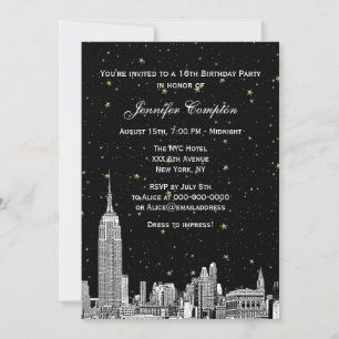 NYC Skyline Etched Starry DIY BG Colour Sweet 16 Invitation