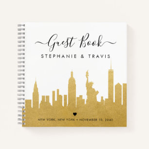 NYC Skyline Gold Destination Wedding Guestbook Notebook