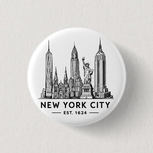 NYC Skyline Illustration with Statue of Liberty 3 Cm Round Badge