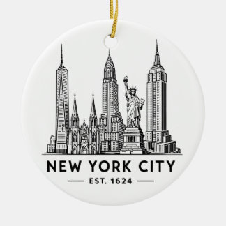 NYC Skyline Illustration with Statue of Liberty Ceramic Ornament