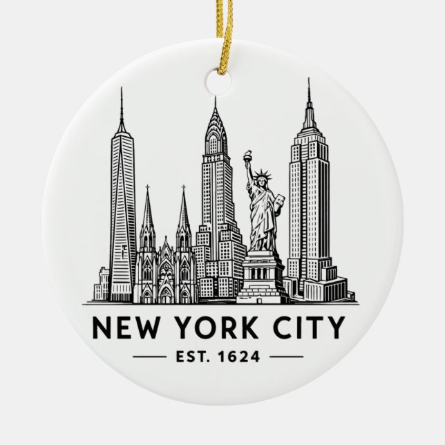 NYC Skyline Illustration with Statue of Liberty Ceramic Ornament (Front)