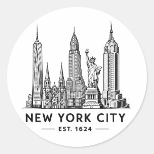 NYC Skyline Illustration with Statue of Liberty Classic Round Sticker