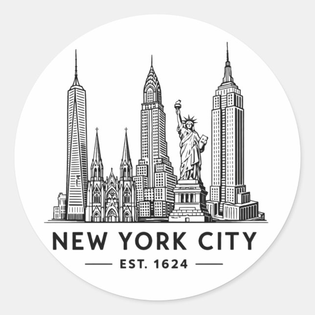 NYC Skyline Illustration with Statue of Liberty Classic Round Sticker (Front)