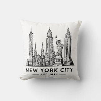 NYC Skyline Illustration with Statue of Liberty Cushion