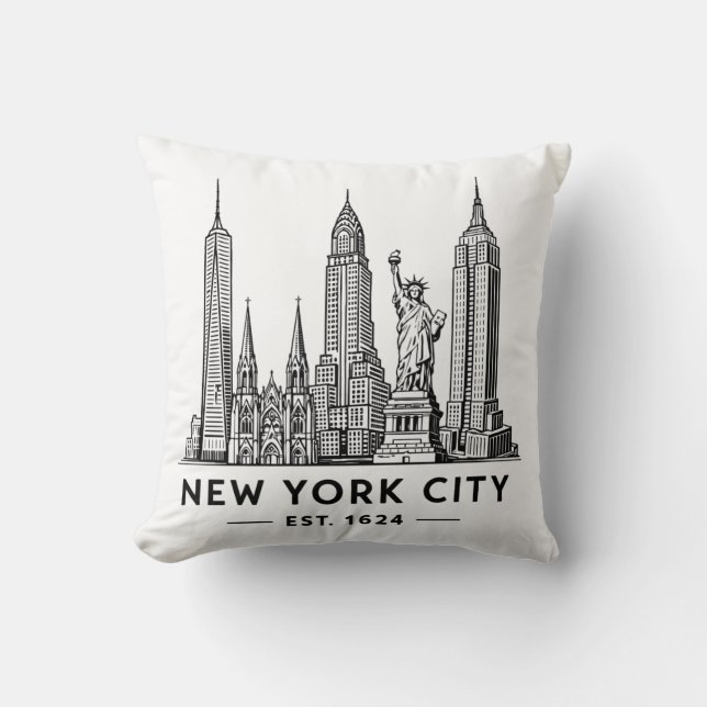 NYC Skyline Illustration with Statue of Liberty Cushion (Front)