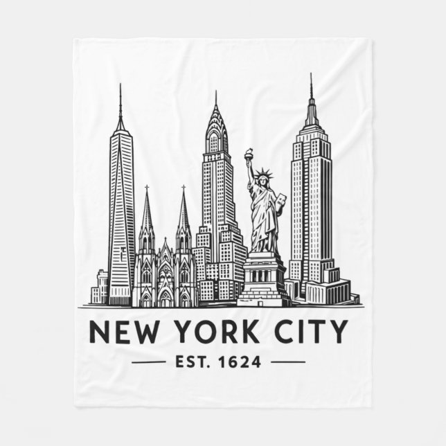 NYC Skyline Illustration with Statue of Liberty Fleece Blanket (Front)