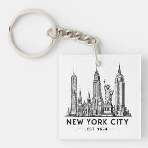 NYC Skyline Illustration with Statue of Liberty Key Ring