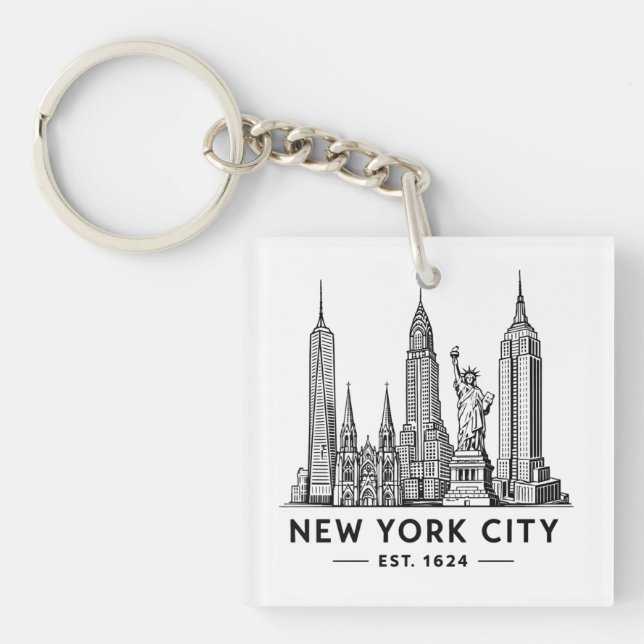 NYC Skyline Illustration with Statue of Liberty Key Ring (Front)