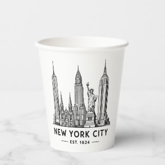 NYC Skyline Illustration with Statue of Liberty Paper Cups
