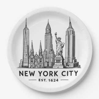 NYC Skyline Illustration with Statue of Liberty Paper Plate