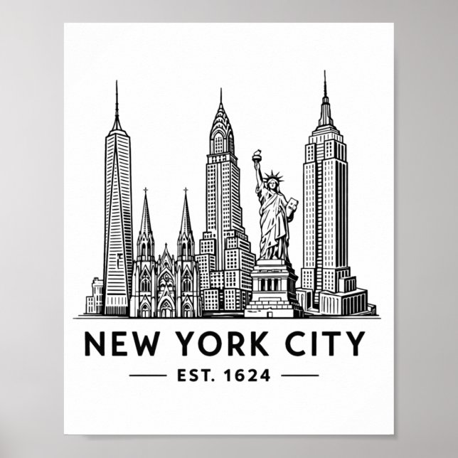 NYC Skyline Illustration with Statue of Liberty Poster (Front)