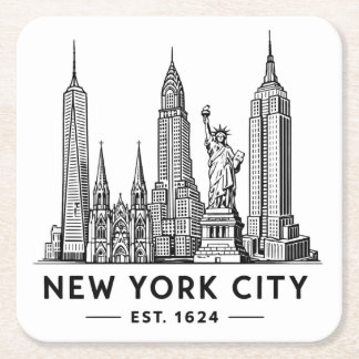 NYC Skyline Illustration with Statue of Liberty Square Paper Coaster
