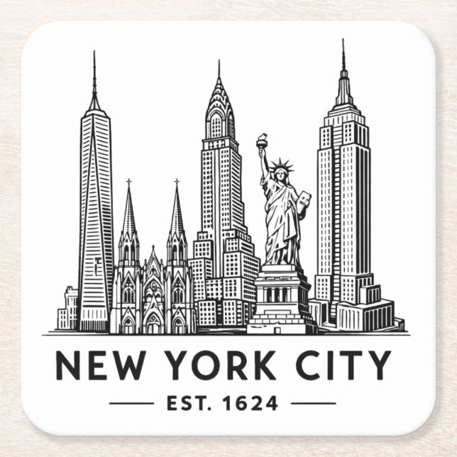 NYC Skyline Illustration with Statue of Liberty Square Paper Coaster (Front)