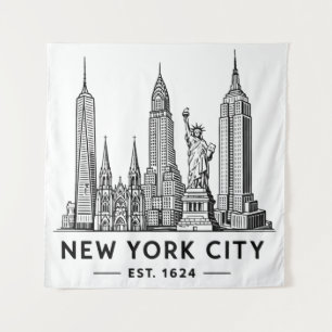 NYC Skyline Illustration with Statue of Liberty Tapestry