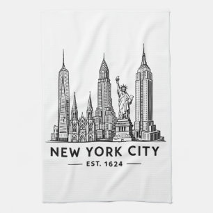 NYC Skyline Illustration with Statue of Liberty Tea Towel