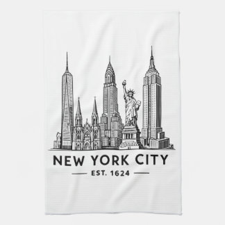 NYC Skyline Illustration with Statue of Liberty Tea Towel