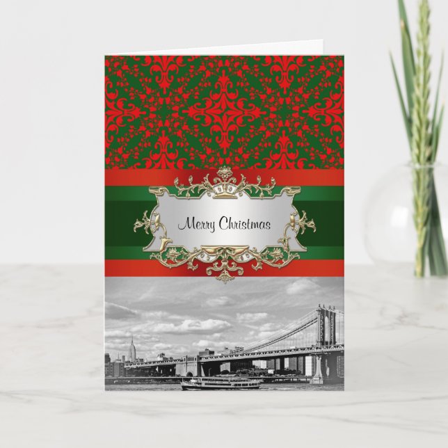 NYC Skyline Manhattan Bridge Damask Xmas Holiday Card (Front)