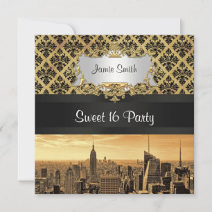 NYC Skyline Sepia B5 Blk Rib Damask Sweet 16 Invit Invitation