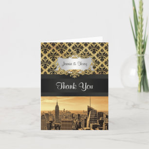 NYC Skyline Sepia B5 Blk Rib Damask Thank You Card
