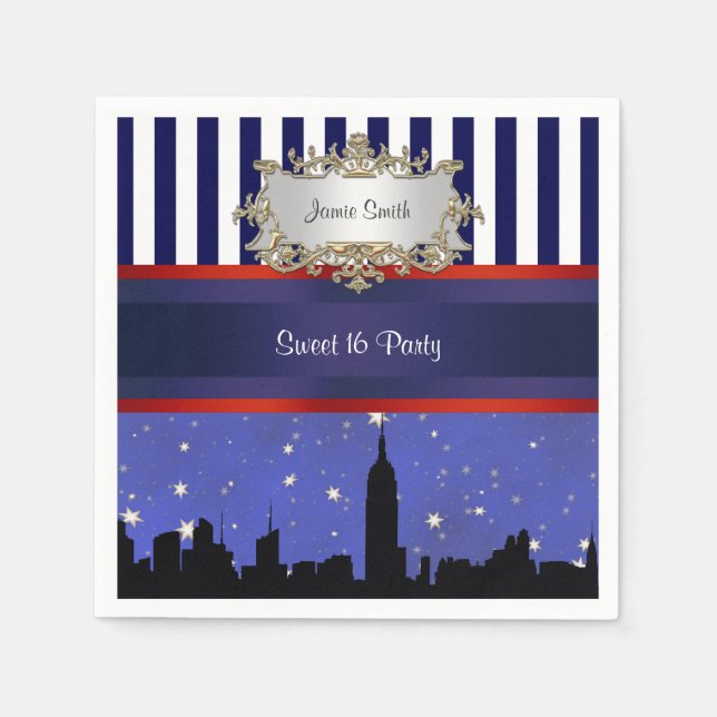 NYC Skyline Sil Blue Sky2 Blue Wht Strp Sweet 16 Napkin (Front)