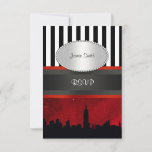 NYC Skyline Sil Red Sky Blk Wht Stripe P RSVP Card