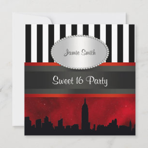 NYC Skyline Sil Red Sky Blk Wht Stripe P Sweet 16 Invitation