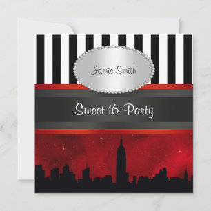 NYC Skyline Sil Red Sky Blk Wht Stripe P Sweet 16 Invitation