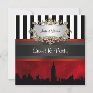NYC Skyline Sil Red Sky Blk Wht Stripe Sweet 16 Invitation