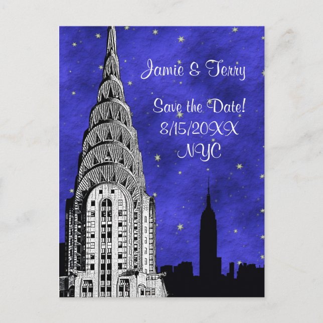 NYC Skyline Silhouette Blue Starry Save the Date 2 Announcement Postcard (Front)