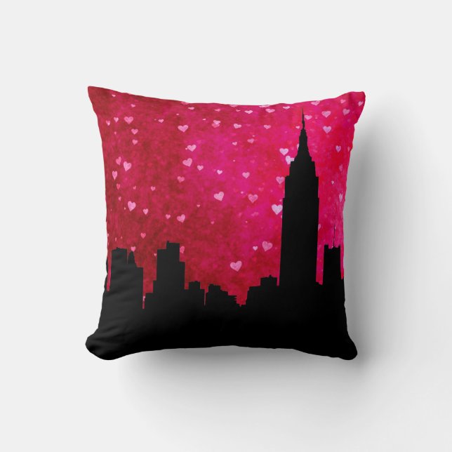 NYC Skyline Silhouette, ESB #1 Pink Red Heart Cushion (Front)