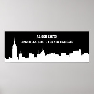 NYC Skyline Silhouette Graduation Party Banner Wht Poster