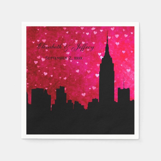 NYC Skyline Silhouette Hot Pink Red Heart Napkin (Front)
