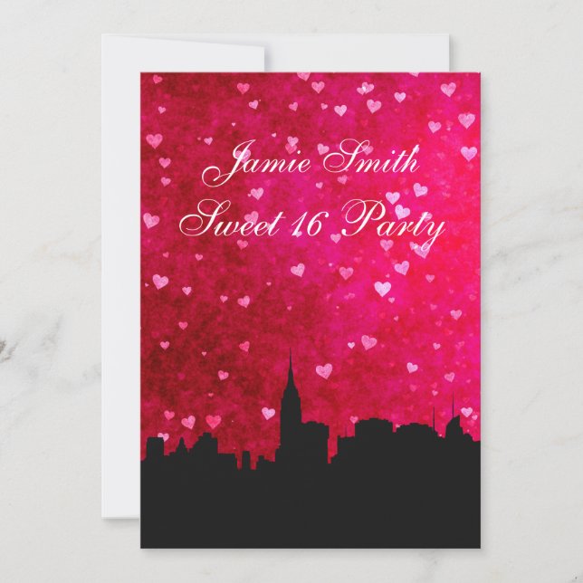 NYC Skyline Silhouette Hot Pink Red Hrt Sweet 16 V Invitation (Front)