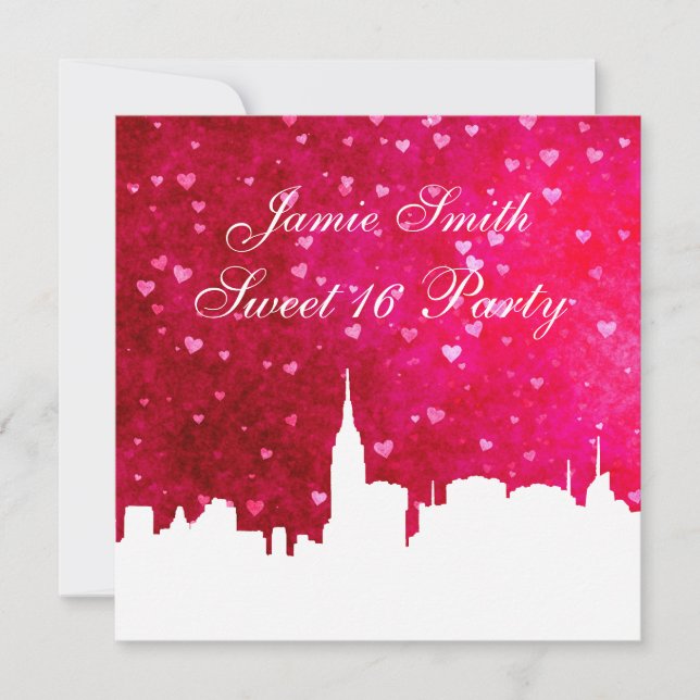 NYC Skyline Silhouette Ht Pink Red Heart Sweet 16 Invitation (Front)