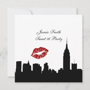 NYC Skyline Silhouette, Kiss ESB #1 BW Sweet 16 SQ Invitation