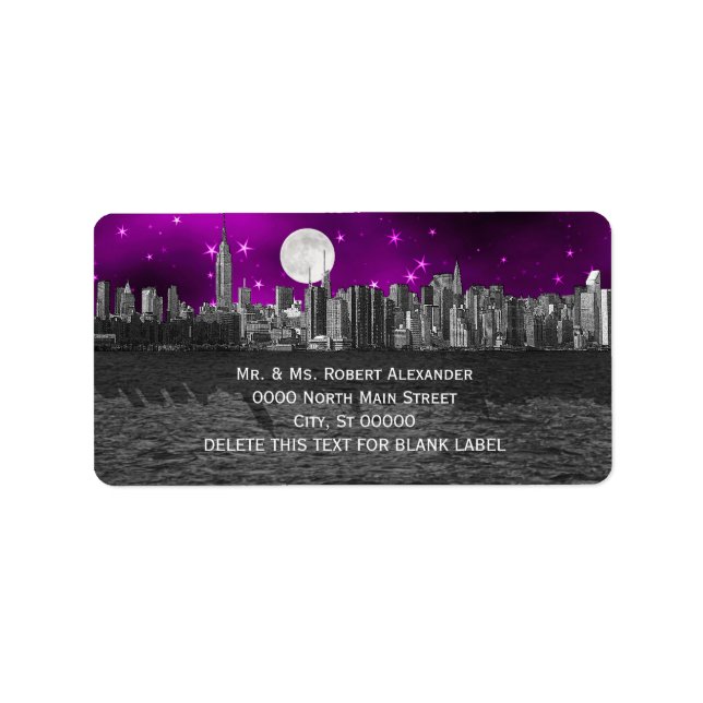 NYC Skyline Silhouette Moon Purple H Address Label (Front)