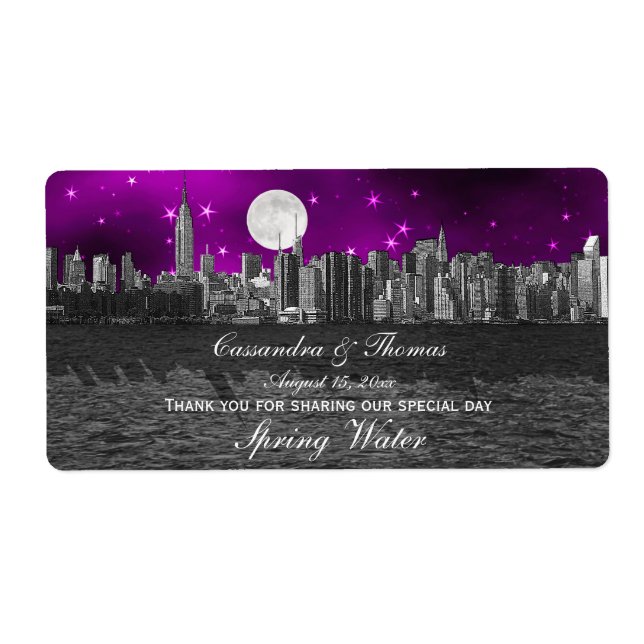 NYC Skyline Silhouette Moon Purple H Water Bottle (Front)